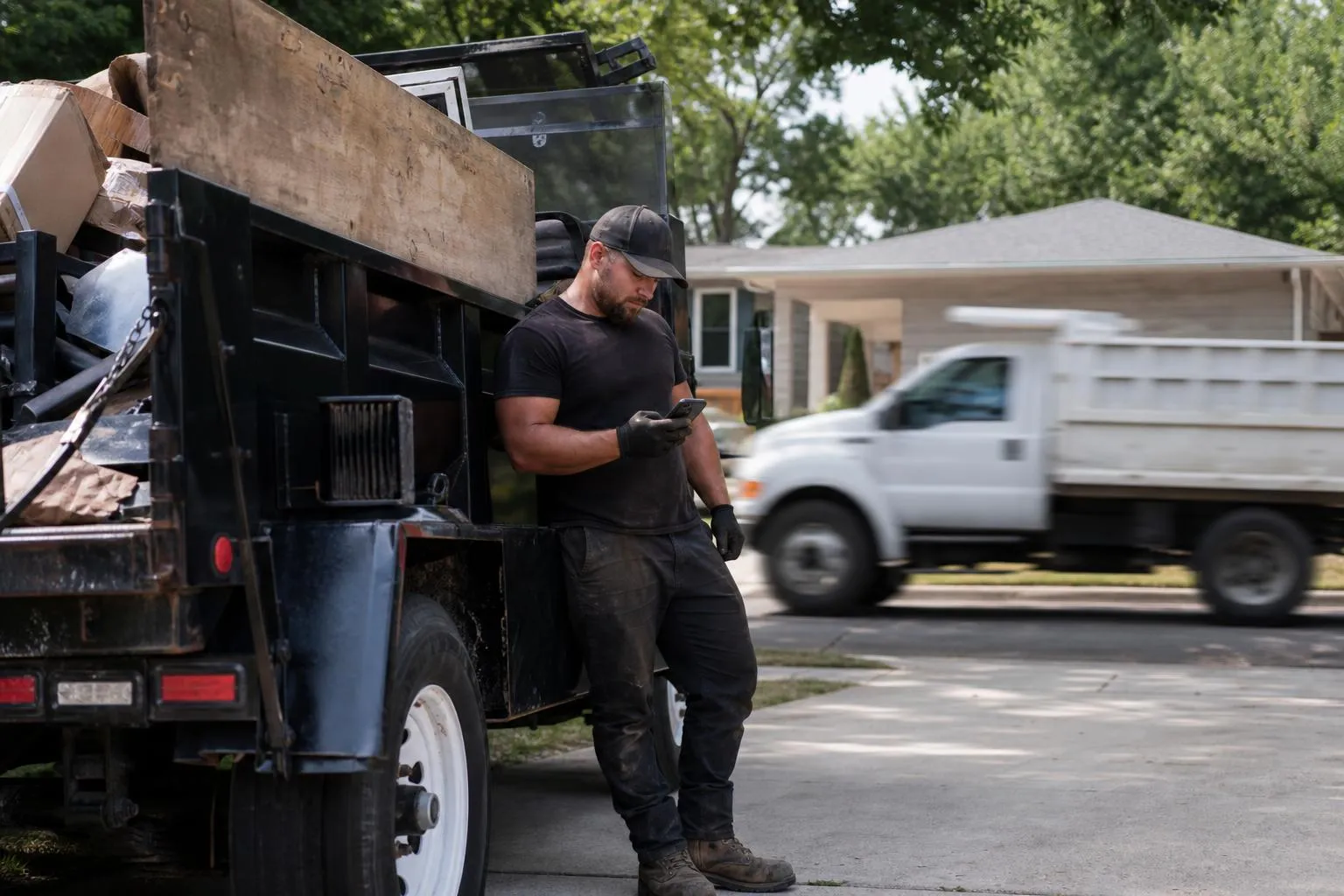 A junk removal crew member stands beside a loaded hauling truck in a suburban driveway checking his phone while a competitor's truck drives past.