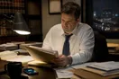 An attorney sits at a desk reviewing a case file late in the evening, glancing at a phone lighting up with a new intake call in a small office.