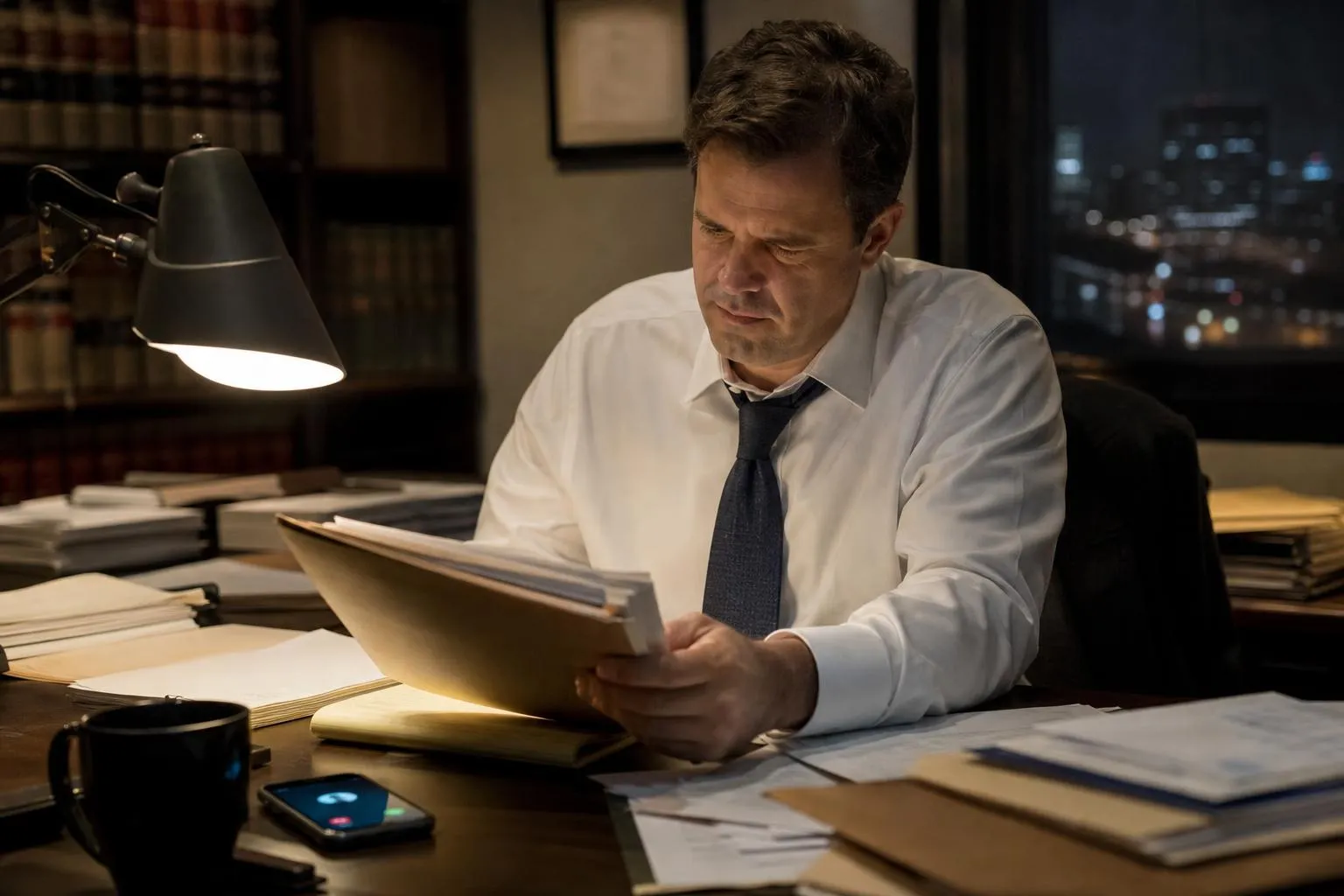 An attorney sits at a desk reviewing a case file late in the evening, glancing at a phone lighting up with a new intake call in a small office.