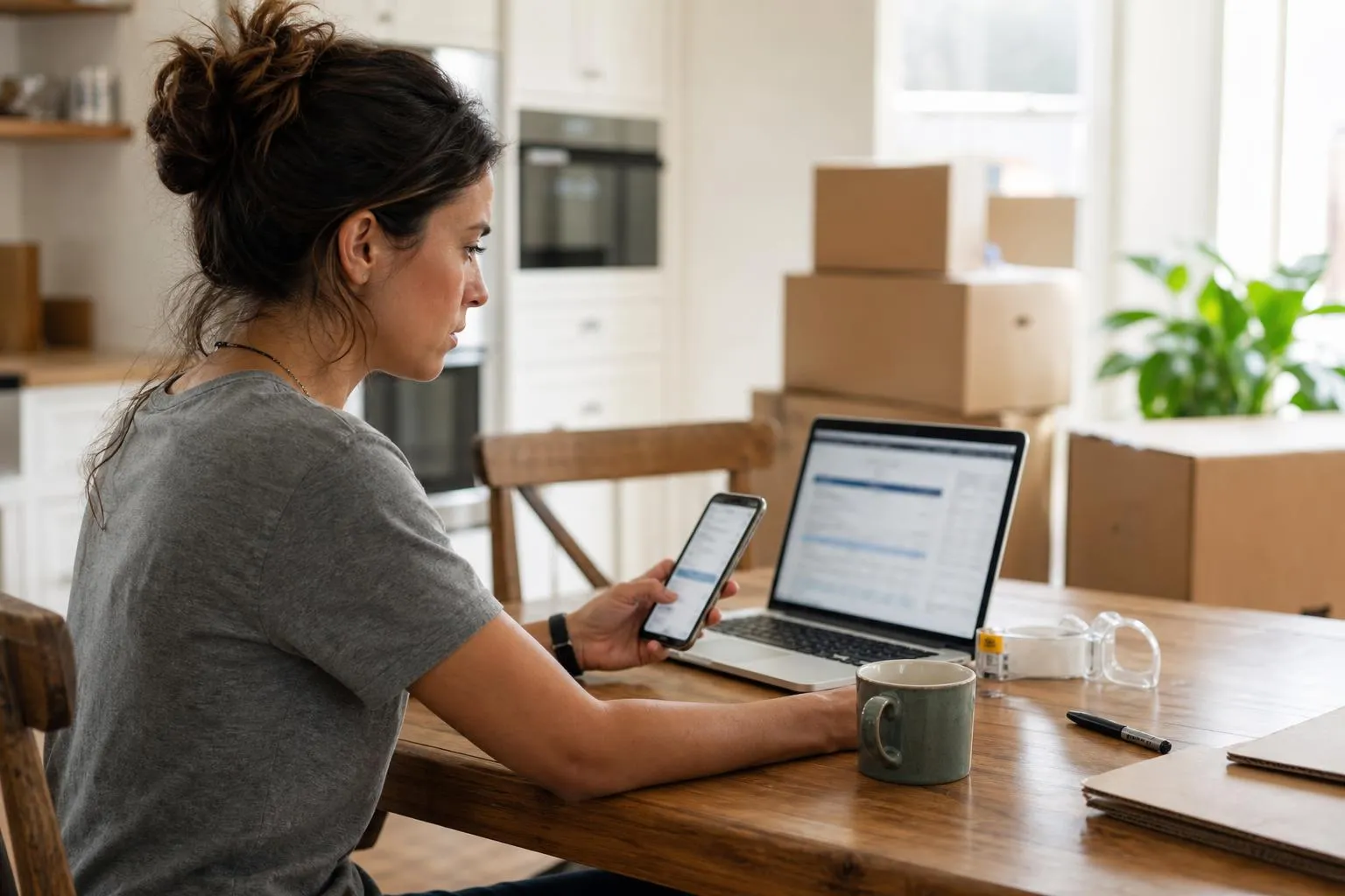 A woman sits at her kitchen table comparing moving company quotes on a laptop and phone side by side, moving boxes stacked behind her.