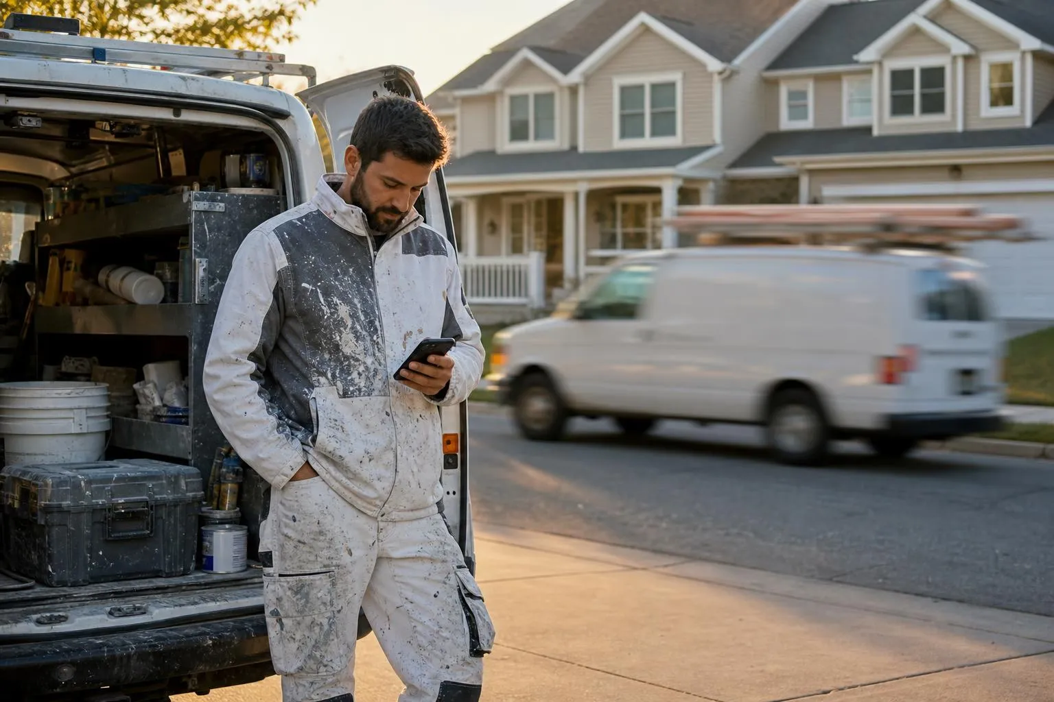 A painter stands at the tailgate of his van outside a suburban two-story house, checking his phone while a competitor's van passes on the street.