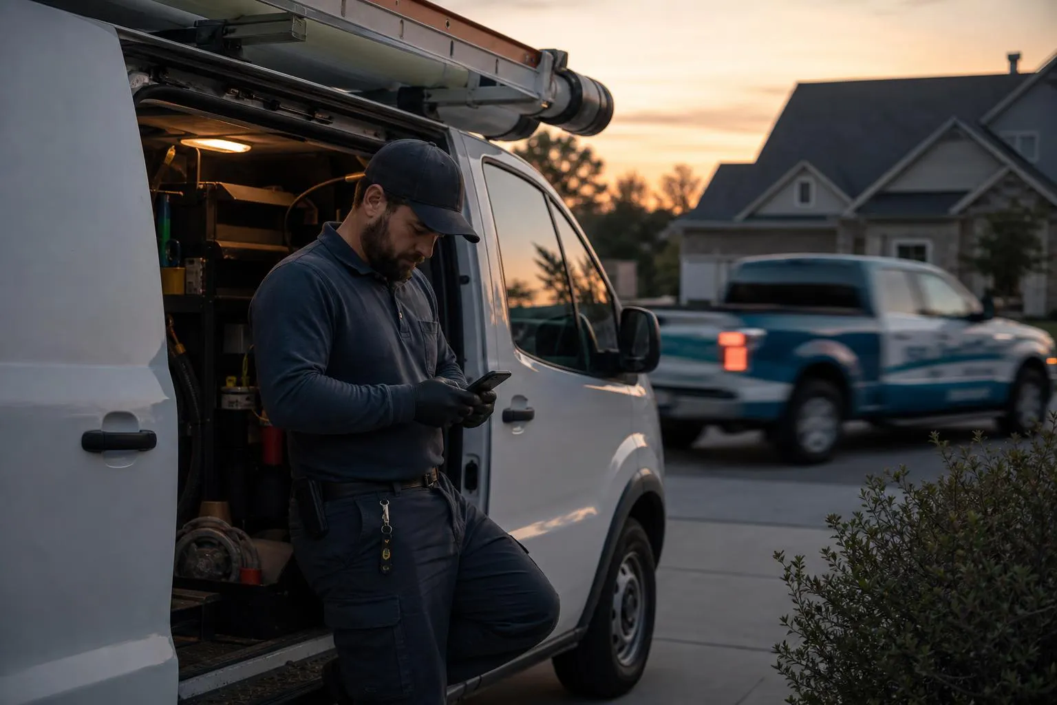 A pest control technician stands at the open side door of his van in a suburban driveway at dusk, checking his phone as a competitor's branded truck drives past.
