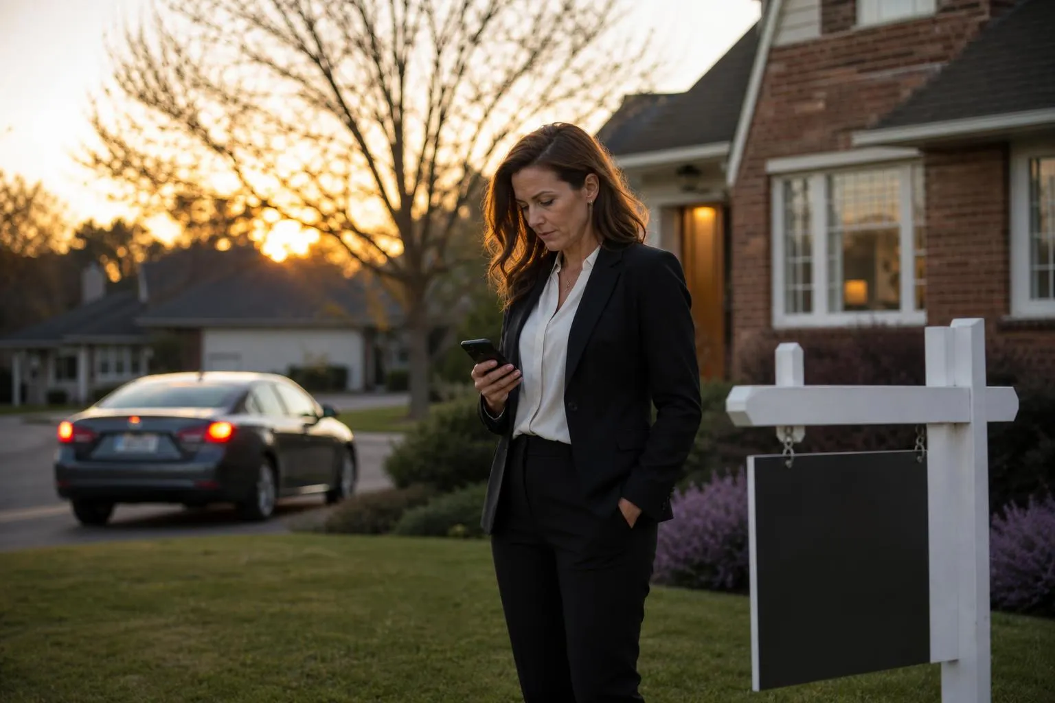 A real estate agent stands beside a for-sale sign in a suburban front yard at dusk, checking her phone while a rival agent's car pulls away from a nearby listing.