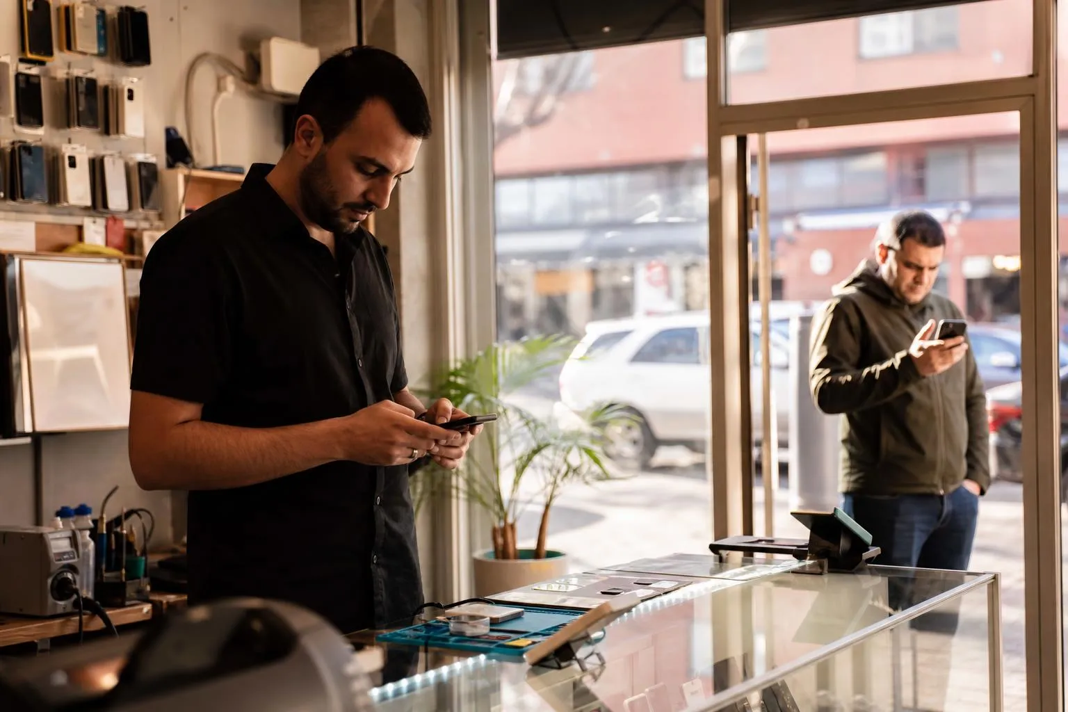 A phone repair technician at a small strip-mall shop counter checks his phone while a customer outside squints at a cracked screen.