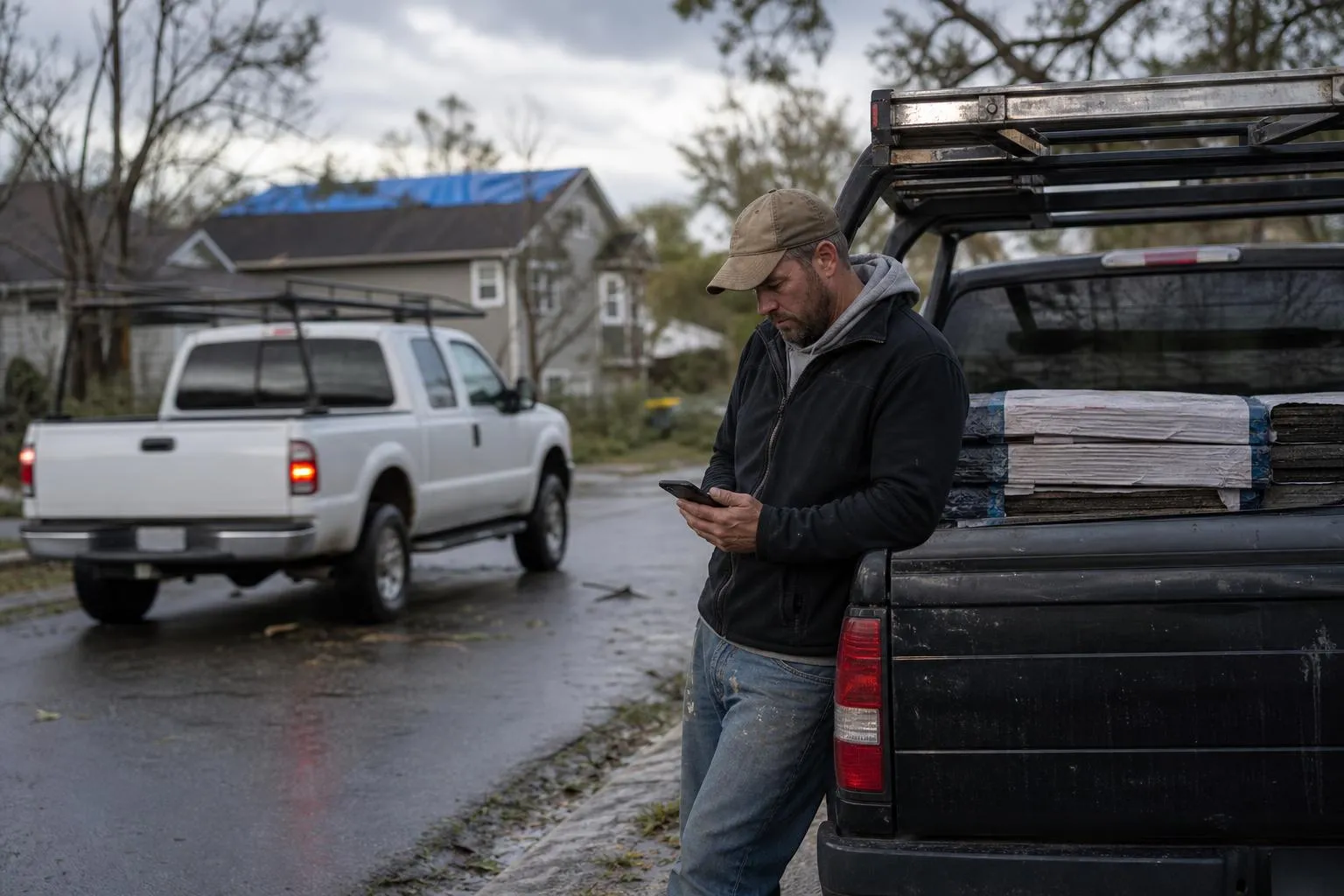 A roofer stands beside his pickup truck on an American suburban street after a storm, checking his phone while a competitor's truck passes behind him.