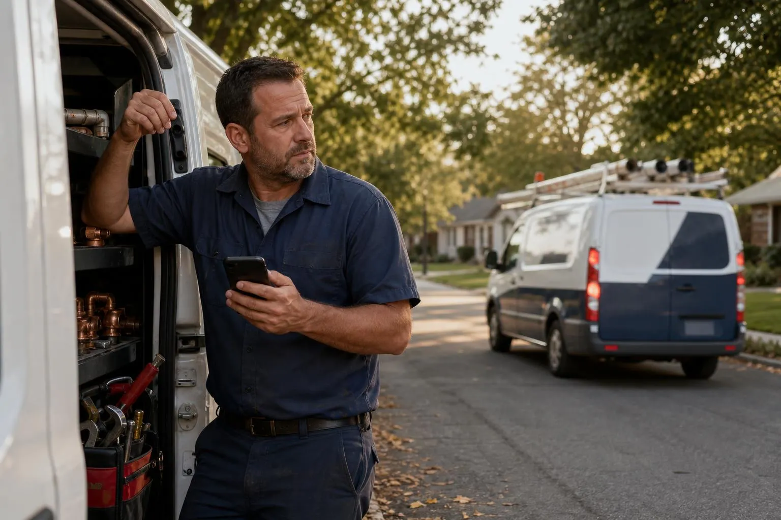 A plumber stands at the open door of his work van on an American suburban street, checking his phone while a competitor's van passes behind him.
