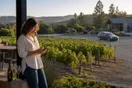 A vineyard owner stands at the edge of a tasting patio checking her phone in late afternoon light while a car pulls into a neighboring winery's gravel lot, in a natural documentary style.
