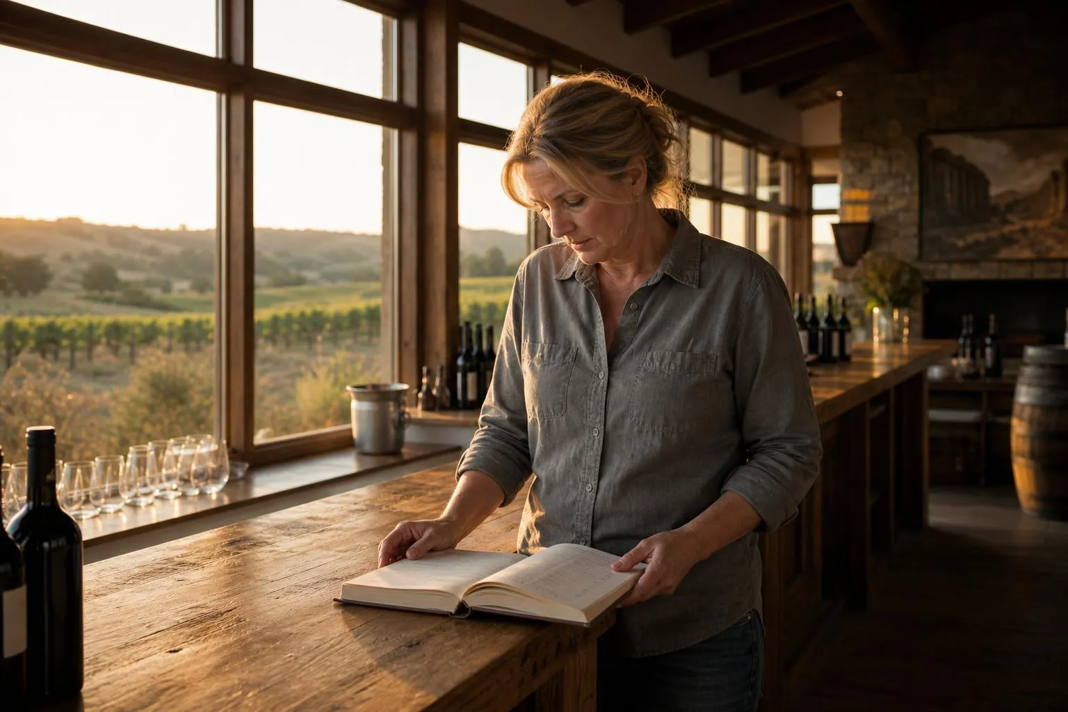 A winery owner stands alone in the tasting room at closing time looking at an empty reservation book, in a natural documentary style.