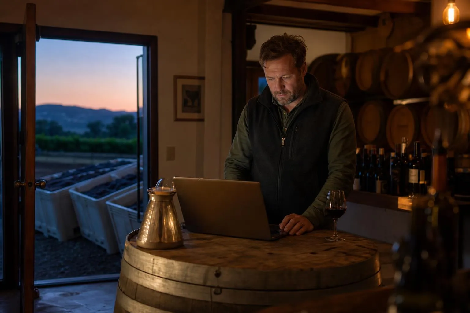 A vineyard owner checking a laptop on a barrel-top table in a dim tasting room at dusk, harvest bins visible through a doorway.