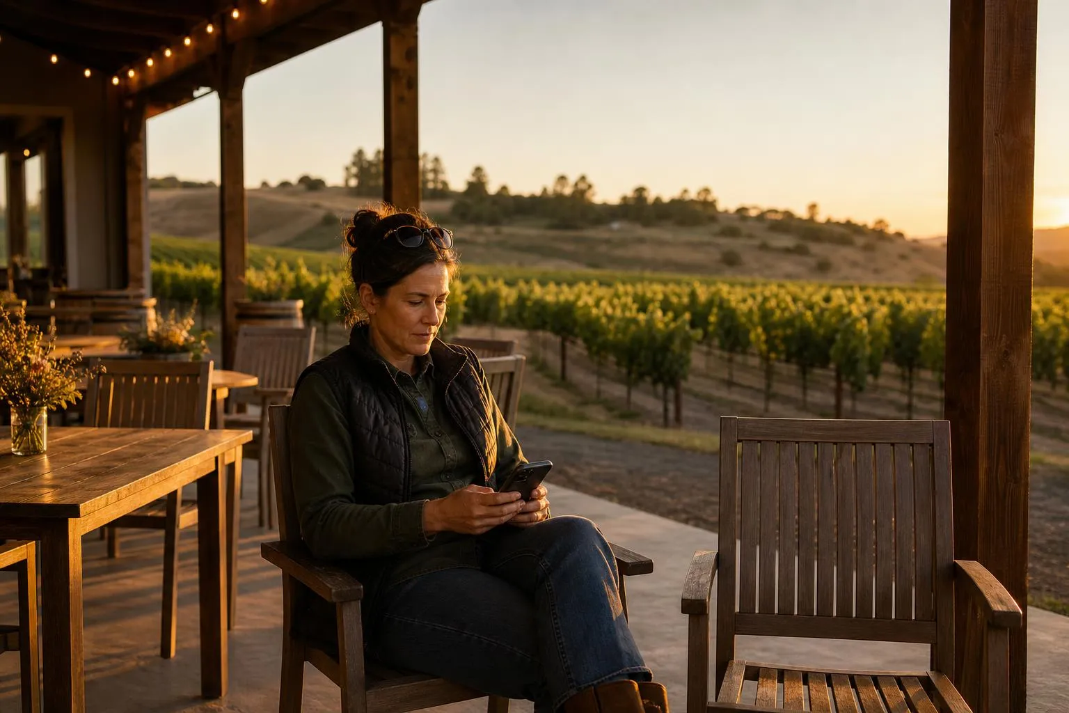 A winery owner checks her phone on the tasting room patio at golden hour, empty tables behind her waiting for a weekend crowd that hasn't arrived yet.