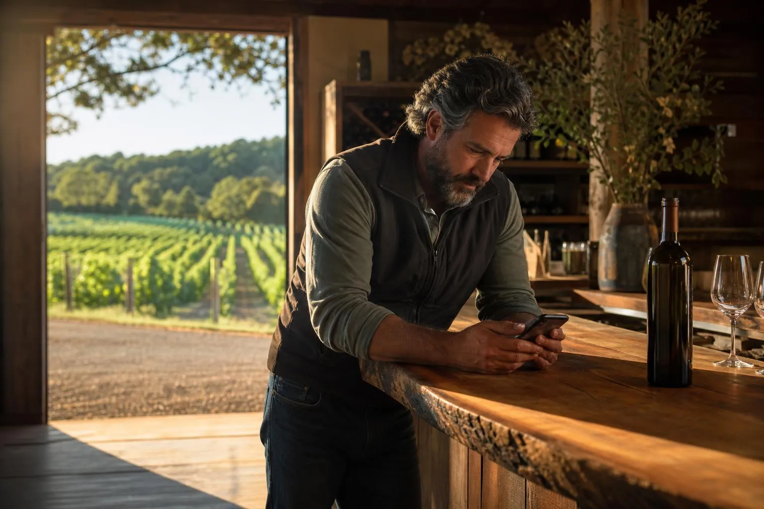 A vineyard owner leans on a tasting-room counter checking a slow-loading page on his phone as afternoon light falls across the rows outside, in a natural documentary style.