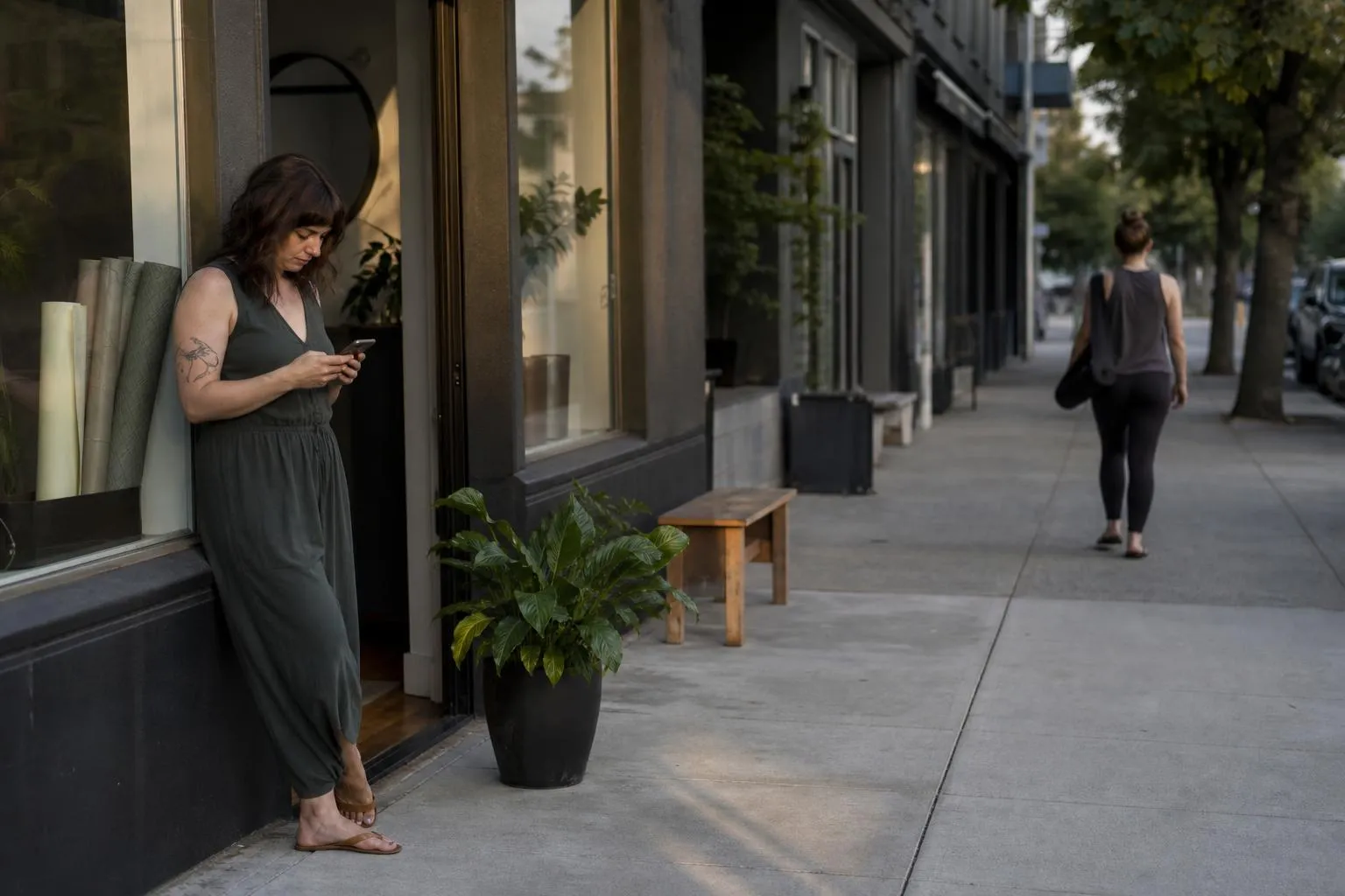 A studio owner stands outside her storefront checking her phone before opening, while a student walks past toward a competing studio down the block, in a natural documentary style.