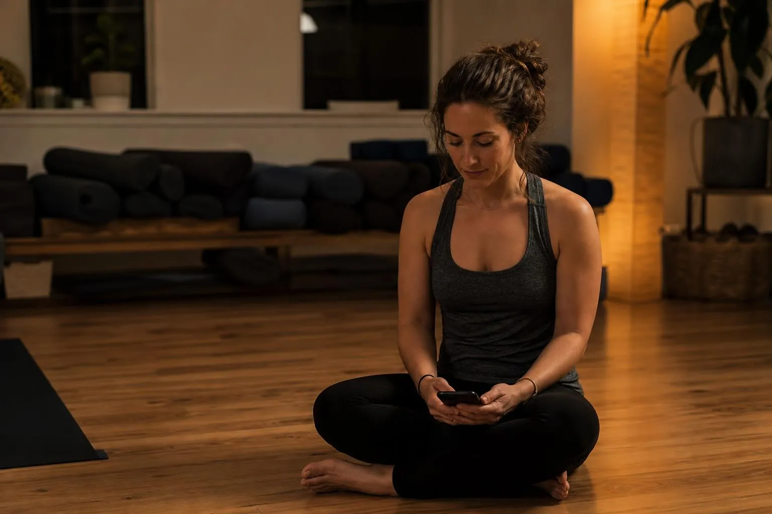 A yoga studio owner sits alone on the studio floor after an evening class scrolling her phone, in a natural documentary style.