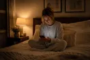 A woman sits cross-legged on a bed at night scrolling a phone, soft lamp light in the room, photographed in a natural documentary style.