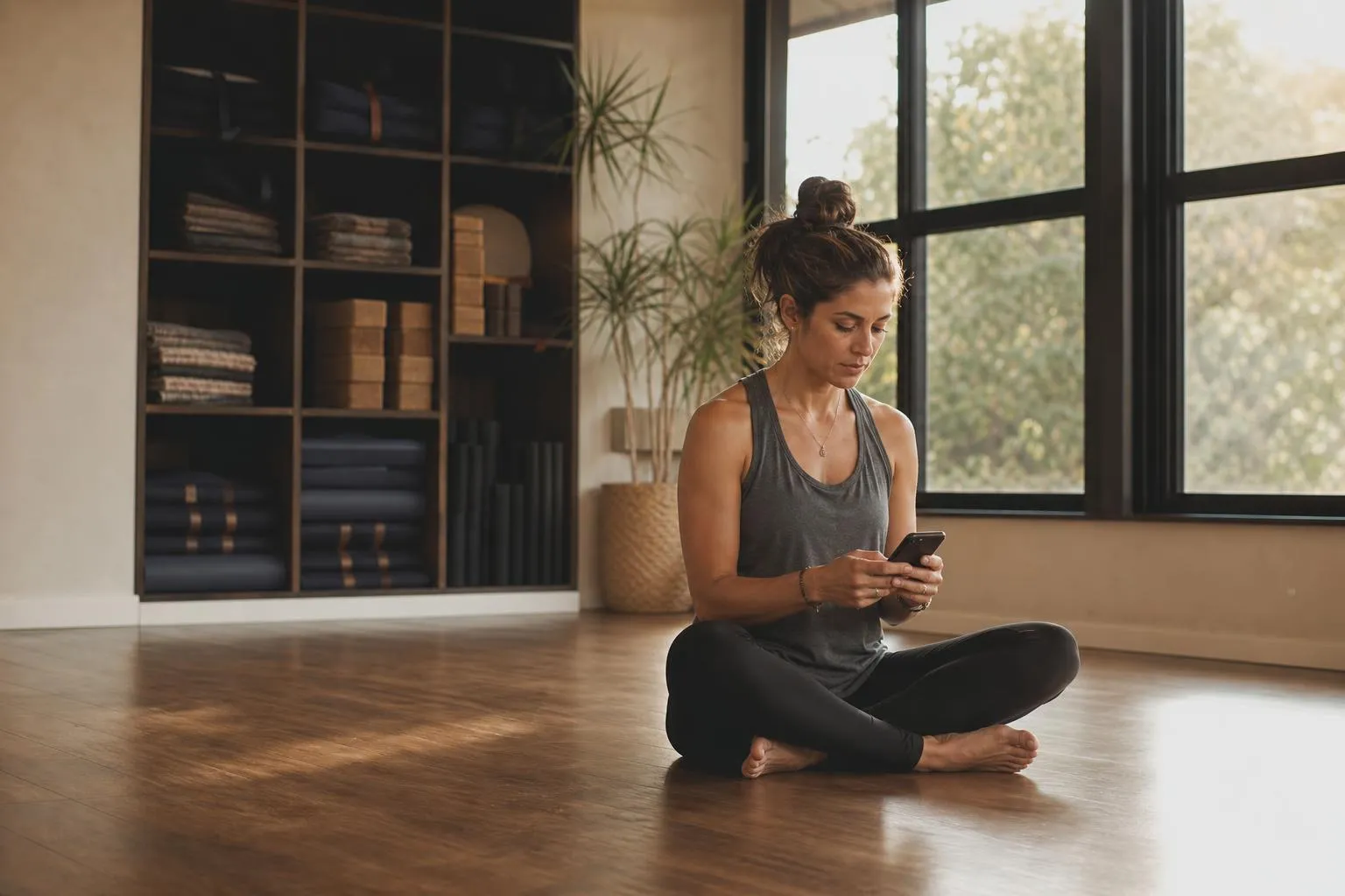 A yoga studio owner sits on the floor of an empty practice room scrolling her phone before the evening class, mats stacked against the wall in soft late light.