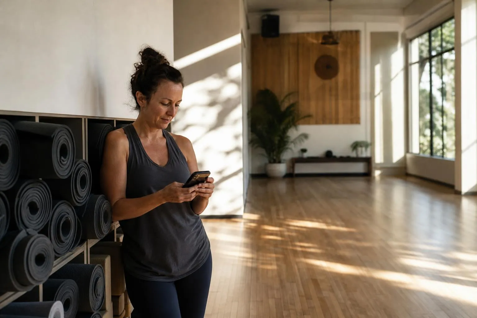 A yoga studio owner checks a phone in a quiet sunlit studio with rolled mats stacked along the wall, natural documentary light.